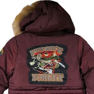 Kids Army Trench coat 3T ski puffer faux fur lined Hood burgundy EMBLEM PATCHES